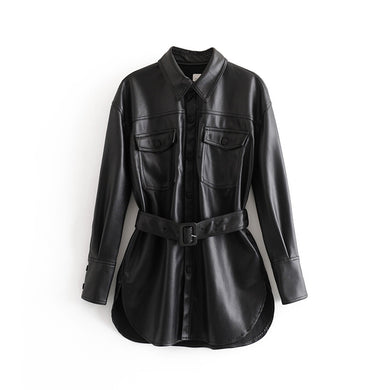Black PU Leather Shirt Dress - Secret Apparel