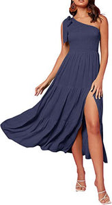 One-shoulder Pleated Layered Hem Dress - Secret Apparel