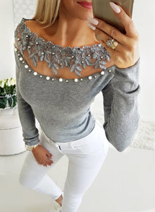 One-Shoulder Lace Pearl Top - Secret Apparel