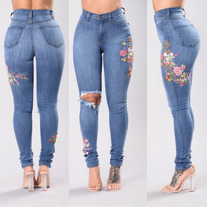 Distressed Floral Denim Pants - Secret Apparel