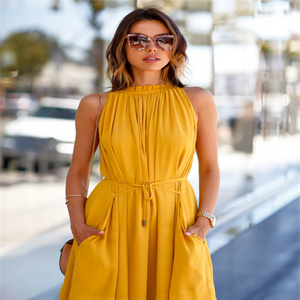 Yellow Halter Tie Waist Dress - Secret Apparel