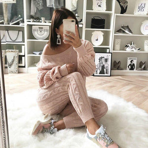 Knitted Off Shoulder Top Trouser Co-Ord Set - Secret Apparel