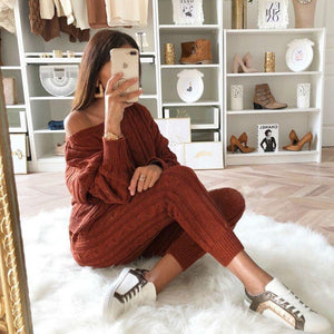 Knitted Off Shoulder Top Trouser Co-Ord Set - Secret Apparel