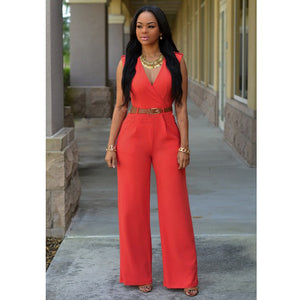 Sleeveless Plunge Neck Wide Leg Jumpsuit - Secret Apparel