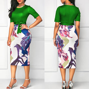 Round Neck Printed Pencil Dress - Secret Apparel