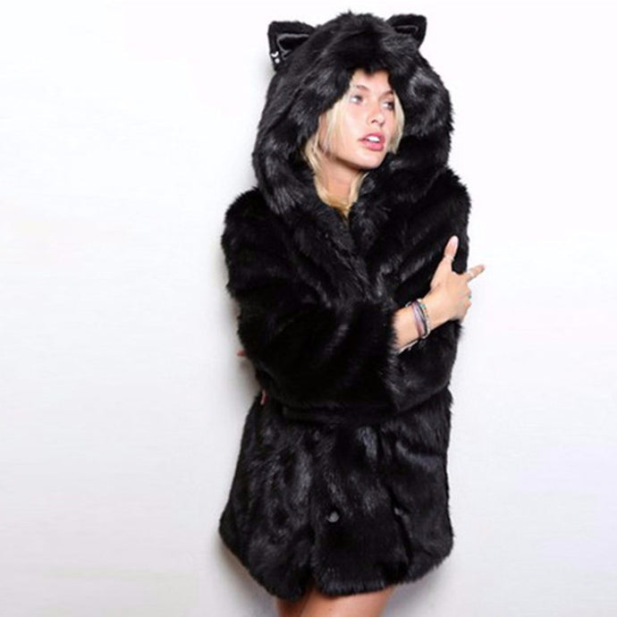 Ears Faux Fur Coat Jacket - Secret Apparel