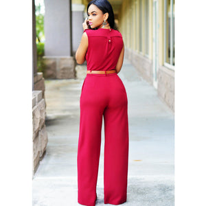 Sleeveless Plunge Neck Wide Leg Jumpsuit - Secret Apparel