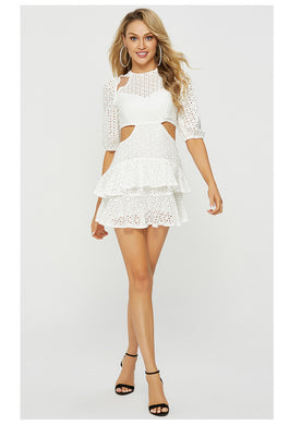 Lace Puff Sleeve Ruffle Dress - Secret Apparel