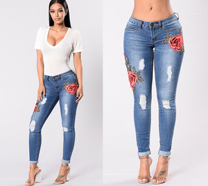 Rose Printed Ripped Jeans Pants - Secret Apparel