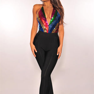 Sequined Deep V-Neck Bodysuit - Secret Apparel