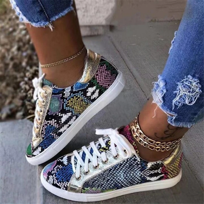 Snakeskin Styled Flat Sneakers - Secret Apparel