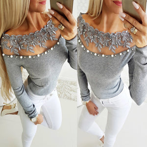 One-Shoulder Lace Pearl Top - Secret Apparel