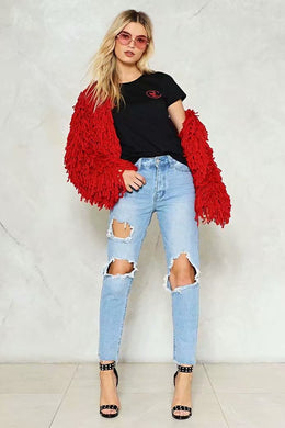 Fringed Openwork Knitted Cardigan Coat - Secret Apparel