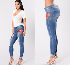 Rose Printed Ripped Jeans Pants - Secret Apparel