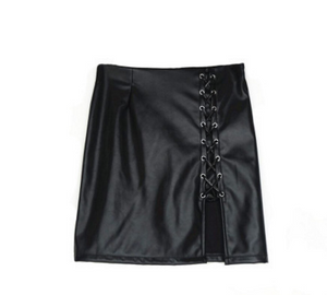 Side Slit Lace-Up PU Leather Skirt - Secret Apparel