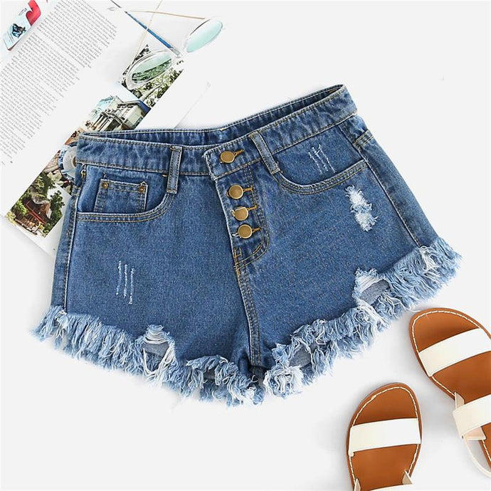 Distressed Denim Frayed Hem Shorts - Secret Apparel