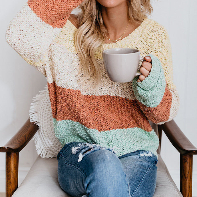 Striped Long Sleeve Loose Sweater - Secret Apparel