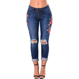 Embroidered Flower Denim Jeans - Secret Apparel