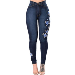 Embroidered Flower Denim Jeans - Secret Apparel