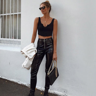 Black PU Leather Zip up Pants - Secret Apparel