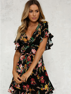 Printed V-Neck Floral Dress - Secret Apparel