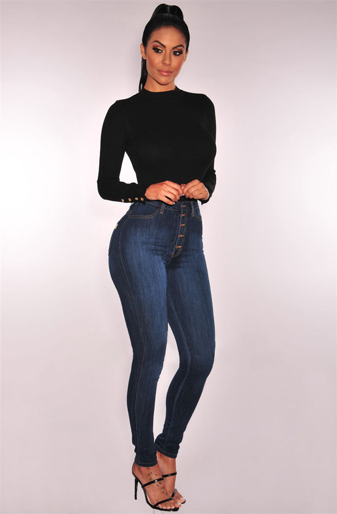 High Waist Buttoned Jeans - Secret Apparel