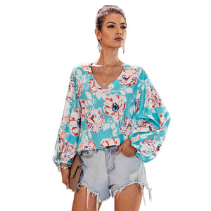 Printed Loose Lantern Sleeve Top - Secret Apparel