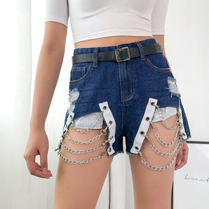 Chains Blue Jeans Short Pants - Secret Apparel