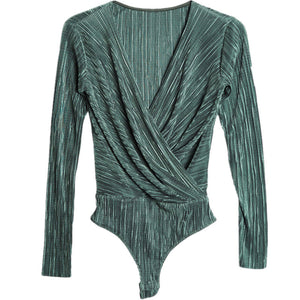 V Neck Long Sleeve  Bodysuit Pleated - Secret Apparel