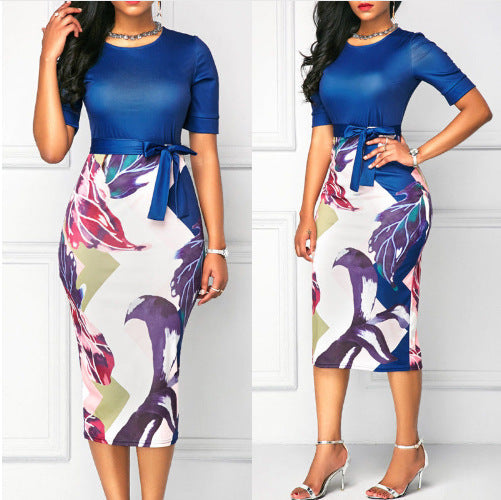 Round Neck Printed Pencil Dress - Secret Apparel