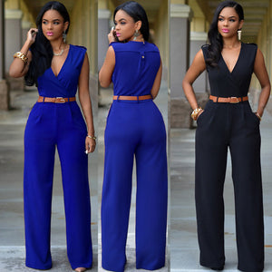 Sleeveless Plunge Neck Wide Leg Jumpsuit - Secret Apparel