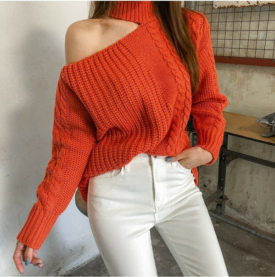 Loose Knitted One-Shoulder Sweater - Secret Apparel