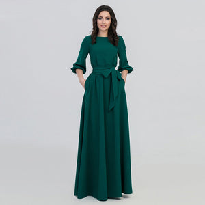 Green Maxi Dress With Round Neck - Secret Apparel