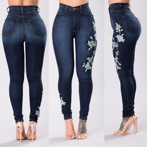 Distressed Floral Denim Pants - Secret Apparel