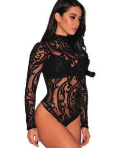 Black Mesh Long Sleeve Bodysuit - Secret Apparel