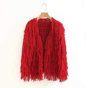 Fringed Openwork Knitted Cardigan Coat - Secret Apparel