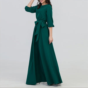 Green Maxi Dress With Round Neck - Secret Apparel