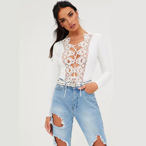 Full Sleeves Lace Stitching Bodysuit - Secret Apparel