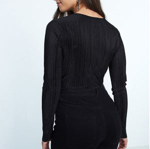 V Neck Long Sleeve  Bodysuit Pleated - Secret Apparel