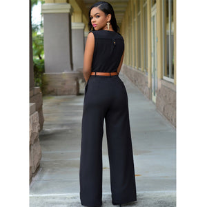 Sleeveless Plunge Neck Wide Leg Jumpsuit - Secret Apparel