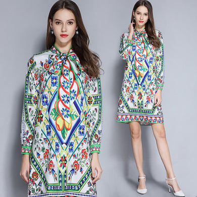 Bow Tie Printed Long Sleeve Dress - Secret Apparel