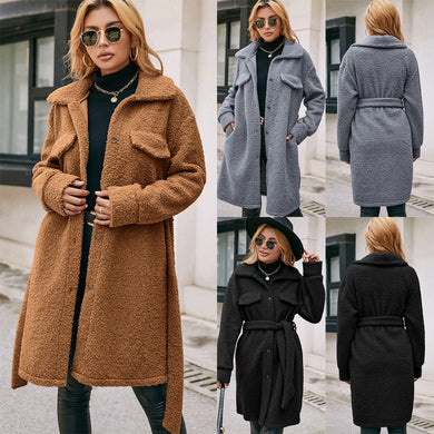 Mid-length Lapel Belted Single-breasted Plush Trench Coat - Secret Apparel