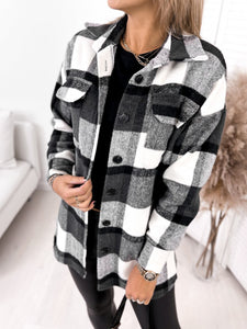 Long-sleeved Single-breasted Plaid  Woollen Jacket Shacket - Secret Apparel