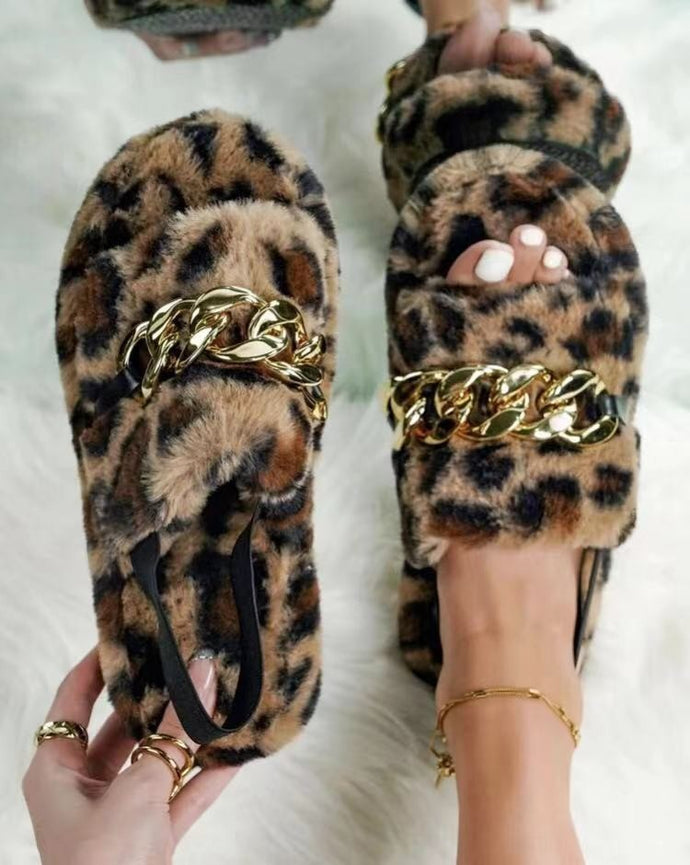 Animal Print Chain Plush Slippers - Secret Apparel