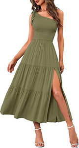 One-shoulder Pleated Layered Hem Dress - Secret Apparel