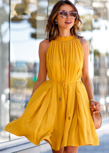 Yellow Halter Tie Waist Dress - Secret Apparel