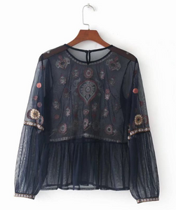 Sheer Mesh Floral Embroidery Top - Secret Apparel