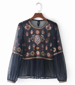 Sheer Mesh Floral Embroidery Top - Secret Apparel