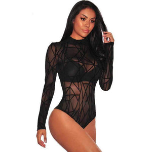 Black Mesh Long Sleeve Bodysuit - Secret Apparel