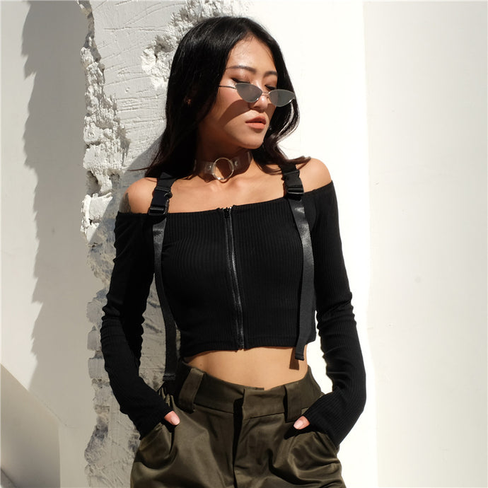 Long Sleeve Buckle Crop Top - Secret Apparel